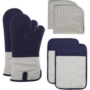 COOK WITH COLOR Silicone Oven Mitts- Heat Resistant Gloves with Soft Quilted Lining Oven Mitt Pot Holders for Cooking and BBQ, Black, Oven Mitt(Navy)