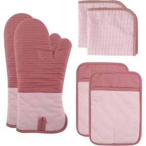 COOK WITH COLOR Silicone Oven Mitts- Heat Resistant Gloves with Soft Quilted Lining Oven Mitt Pot Holders for Cooking and BBQ, Black, Oven Mitt(Pink)