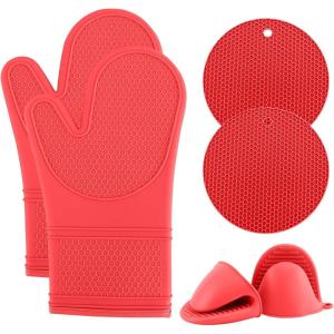 COOK WITH COLOR Silicone Oven Mitts- Heat Resistant Gloves with Soft Quilted Lining Oven Mitt Pot Holders for Cooking and BBQ, Black, Oven Mitt(Red)