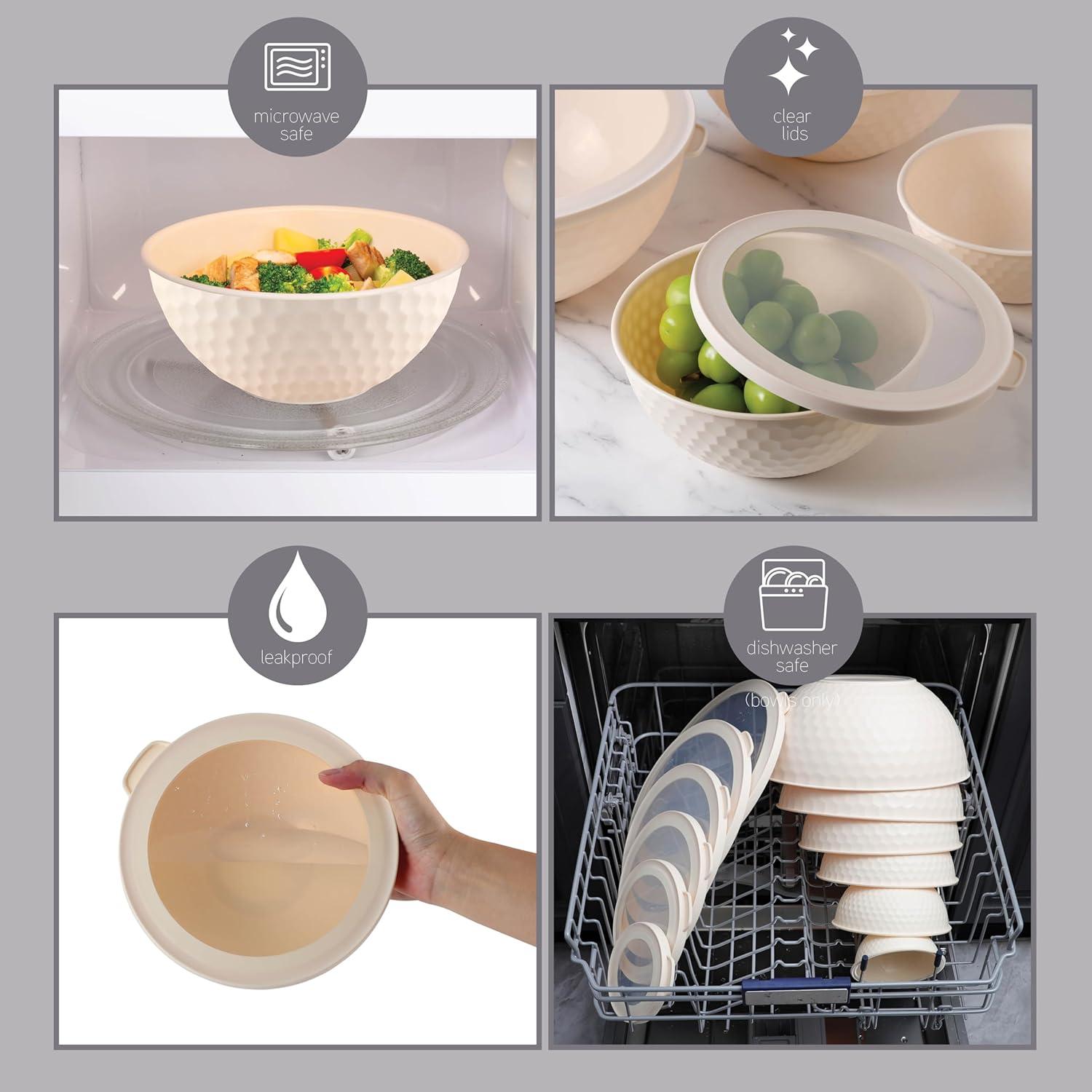image:imageCOOK WITH COLOR Mixing Bowls with TPR Lids 12 Piece Plastic Nesting Set includes 6 Prep and Lids Microwave Safe Bowl Black OmbreCream Embossed