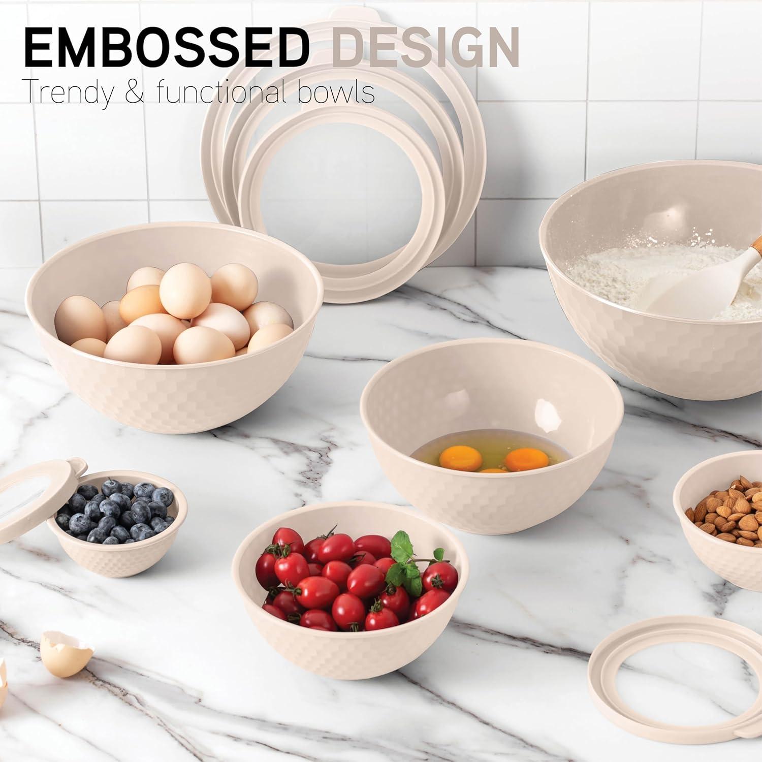 image:imageCOOK WITH COLOR Mixing Bowls with TPR Lids 12 Piece Plastic Nesting Set includes 6 Prep and Lids Microwave Safe Bowl Black OmbreCream Embossed