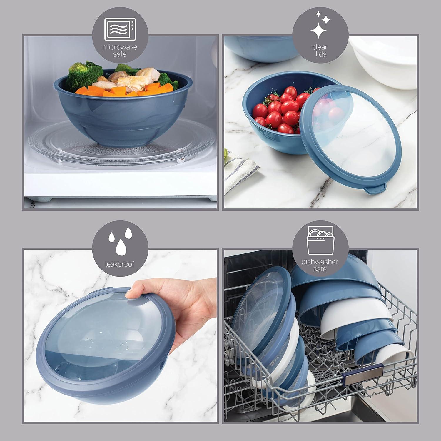 image:imageCOOK WITH COLOR Mixing Bowls with TPR Lids 12 Piece Plastic Nesting Set includes 6 Prep and Lids Microwave Safe Bowl Black OmbreDenim TPR Lids