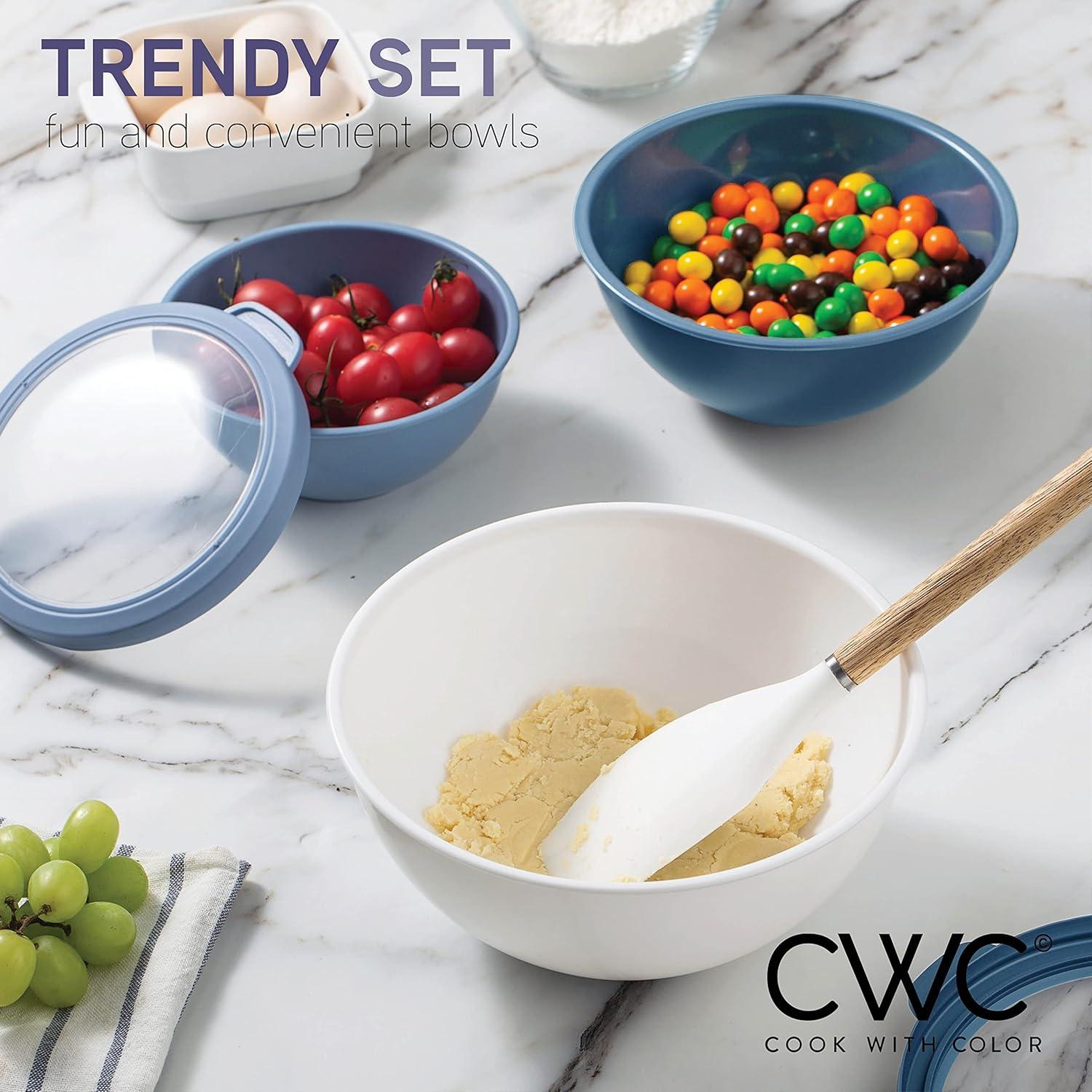 image:imageCOOK WITH COLOR Mixing Bowls with TPR Lids 12 Piece Plastic Nesting Set includes 6 Prep and Lids Microwave Safe Bowl Black OmbreDenim TPR Lids