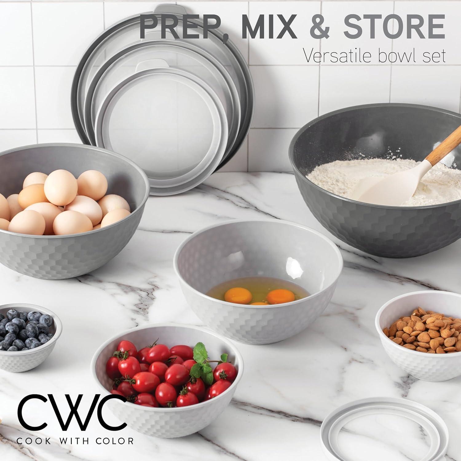 image:imageCOOK WITH COLOR Mixing Bowls with TPR Lids 12 Piece Plastic Nesting Set includes 6 Prep and Lids Microwave Safe Bowl Black OmbreGrey Embossed
