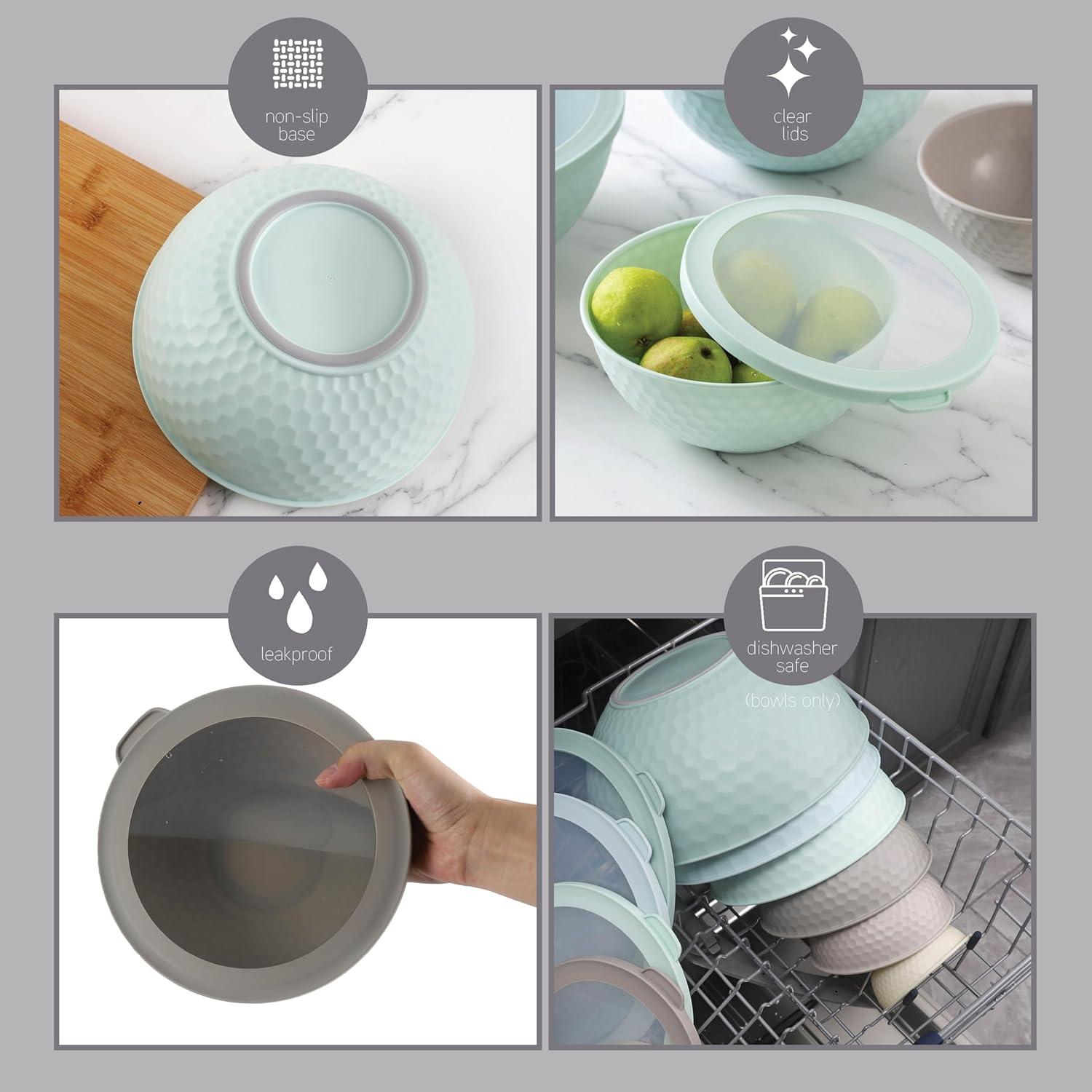 image:imageCOOK WITH COLOR Mixing Bowls with TPR Lids 12 Piece Plastic Nesting Set includes 6 Prep and Lids Microwave Safe Bowl Black OmbreMint Embossed