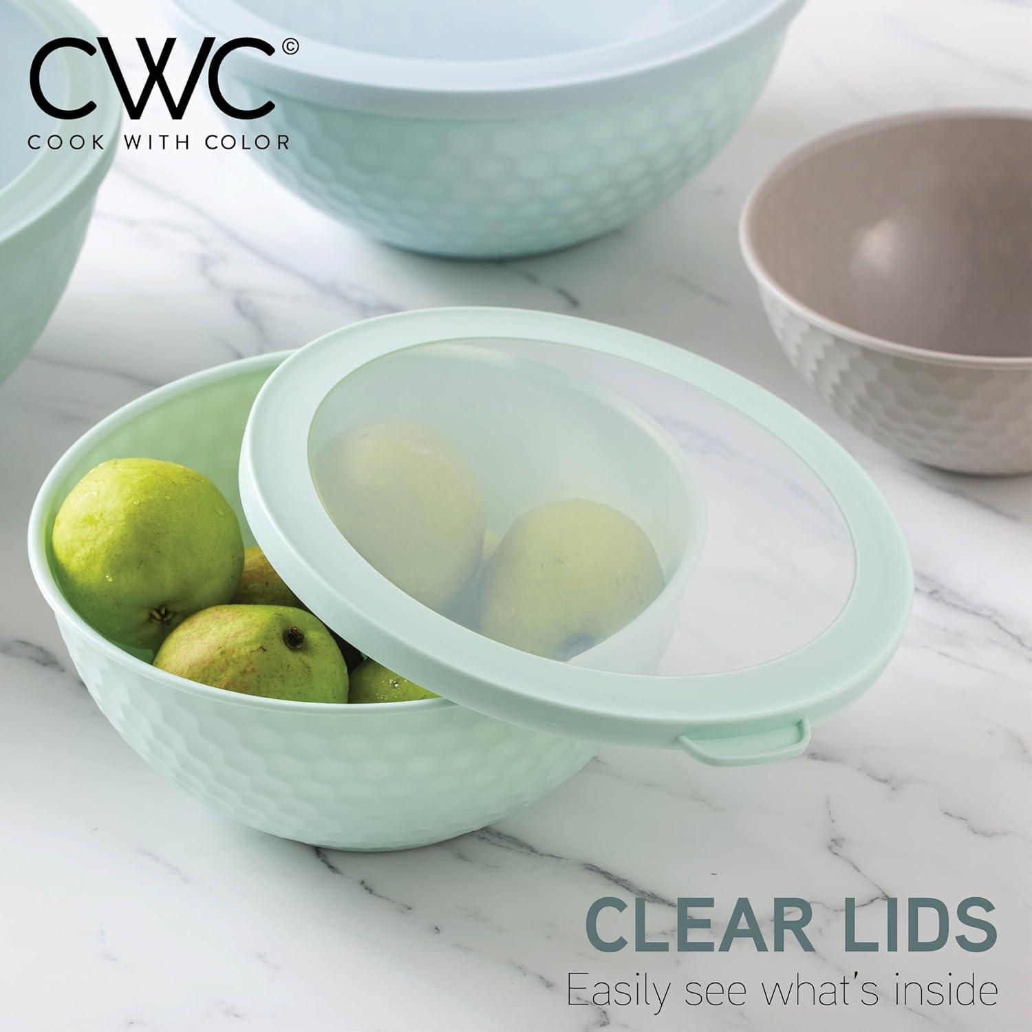image:imageCOOK WITH COLOR Mixing Bowls with TPR Lids 12 Piece Plastic Nesting Set includes 6 Prep and Lids Microwave Safe Bowl Black OmbreMint Embossed