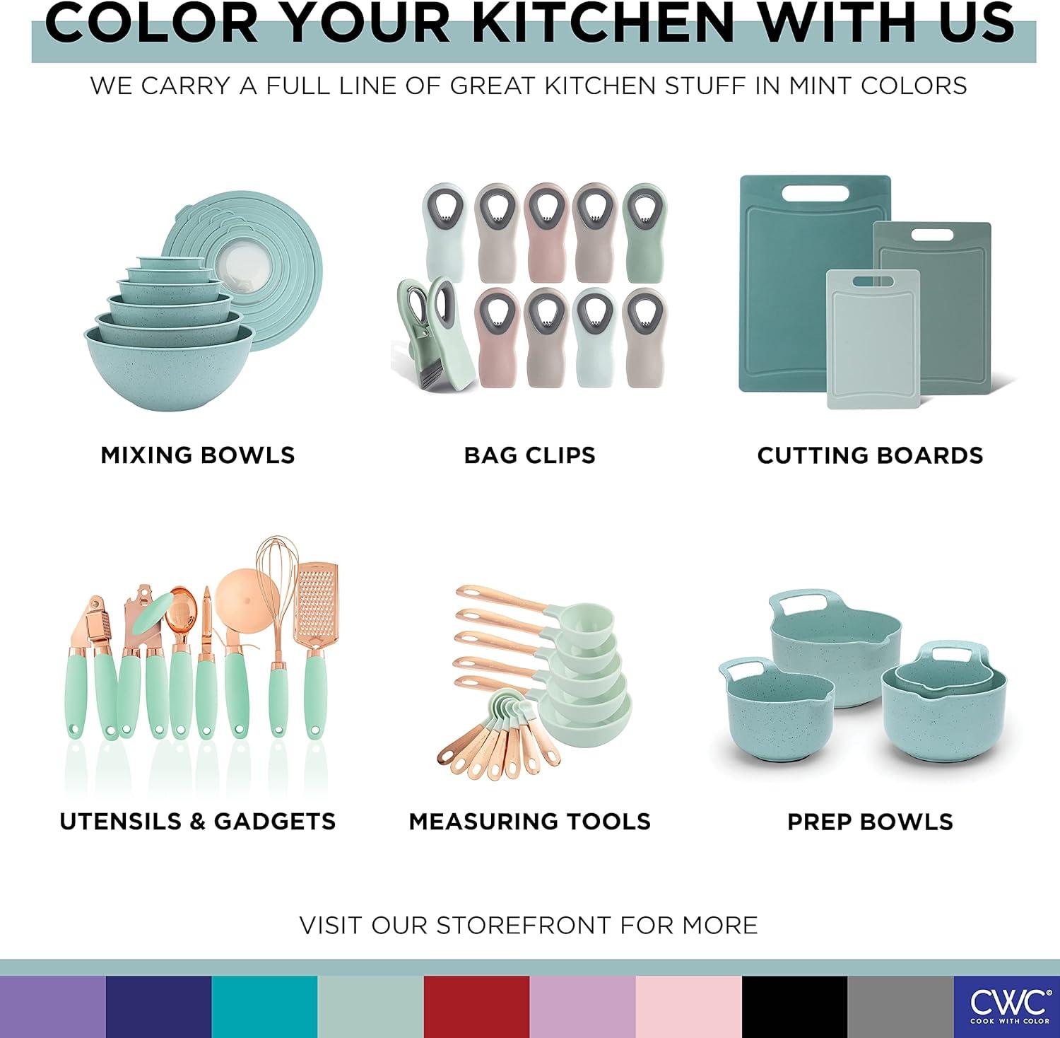 image:imageCOOK WITH COLOR Mixing Bowls with TPR Lids 12 Piece Plastic Nesting Set includes 6 Prep and Lids Microwave Safe Bowl Black OmbreMint Embossed