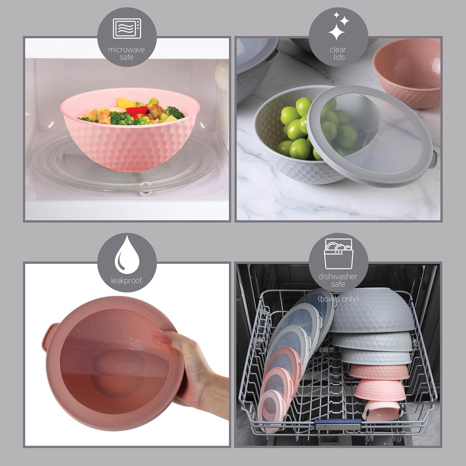 image:imageCOOK WITH COLOR Mixing Bowls with TPR Lids 12 Piece Plastic Nesting Set includes 6 Prep and Lids Microwave Safe Bowl Black OmbrePink Embossed