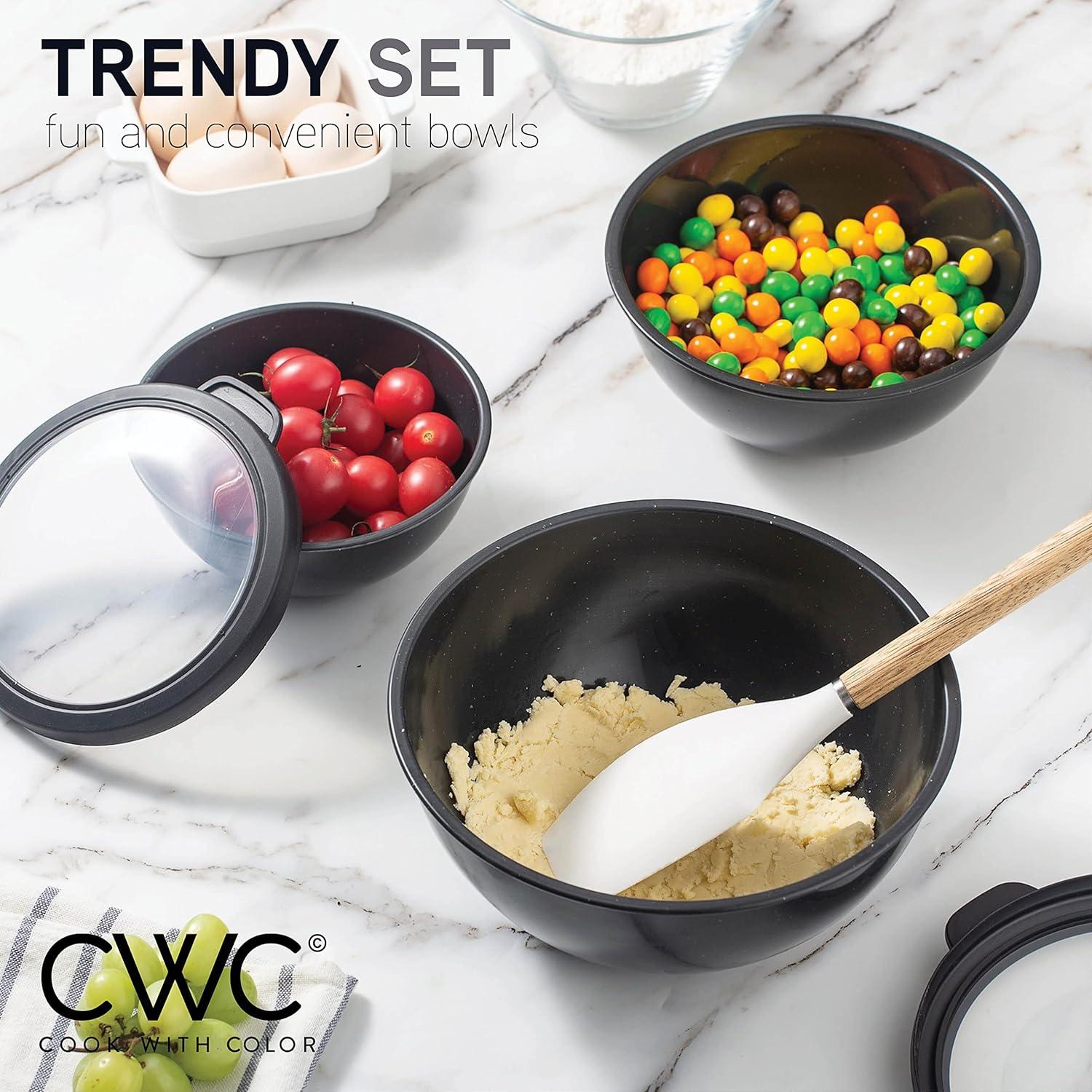 image:imageCOOK WITH COLOR Mixing Bowls with TPR Lids 12 Piece Plastic Nesting Set includes 6 Prep and Lids Microwave Safe Bowl Black OmbreSpeckled Black TPR Lids