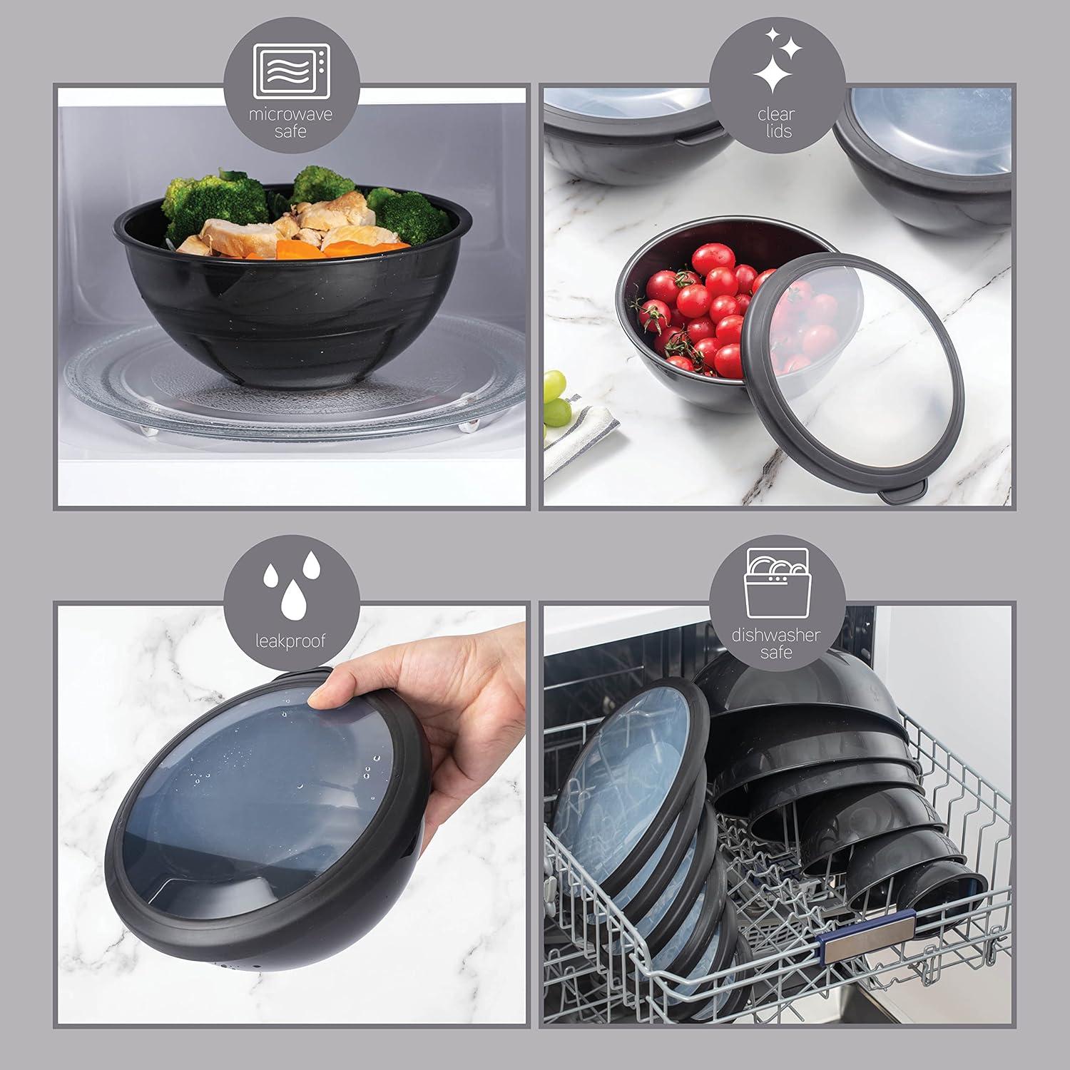 image:imageCOOK WITH COLOR Mixing Bowls with TPR Lids 12 Piece Plastic Nesting Set includes 6 Prep and Lids Microwave Safe Bowl Black OmbreSpeckled Black TPR Lids