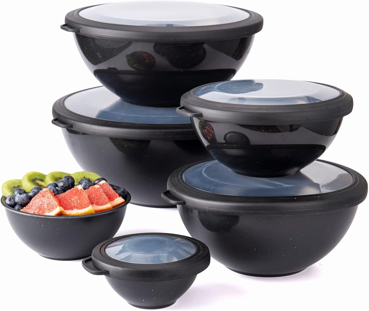 image:imageCOOK WITH COLOR Mixing Bowls with TPR Lids 12 Piece Plastic Nesting Set includes 6 Prep and Lids Microwave Safe Bowl Black OmbreSpeckled Black TPR Lids