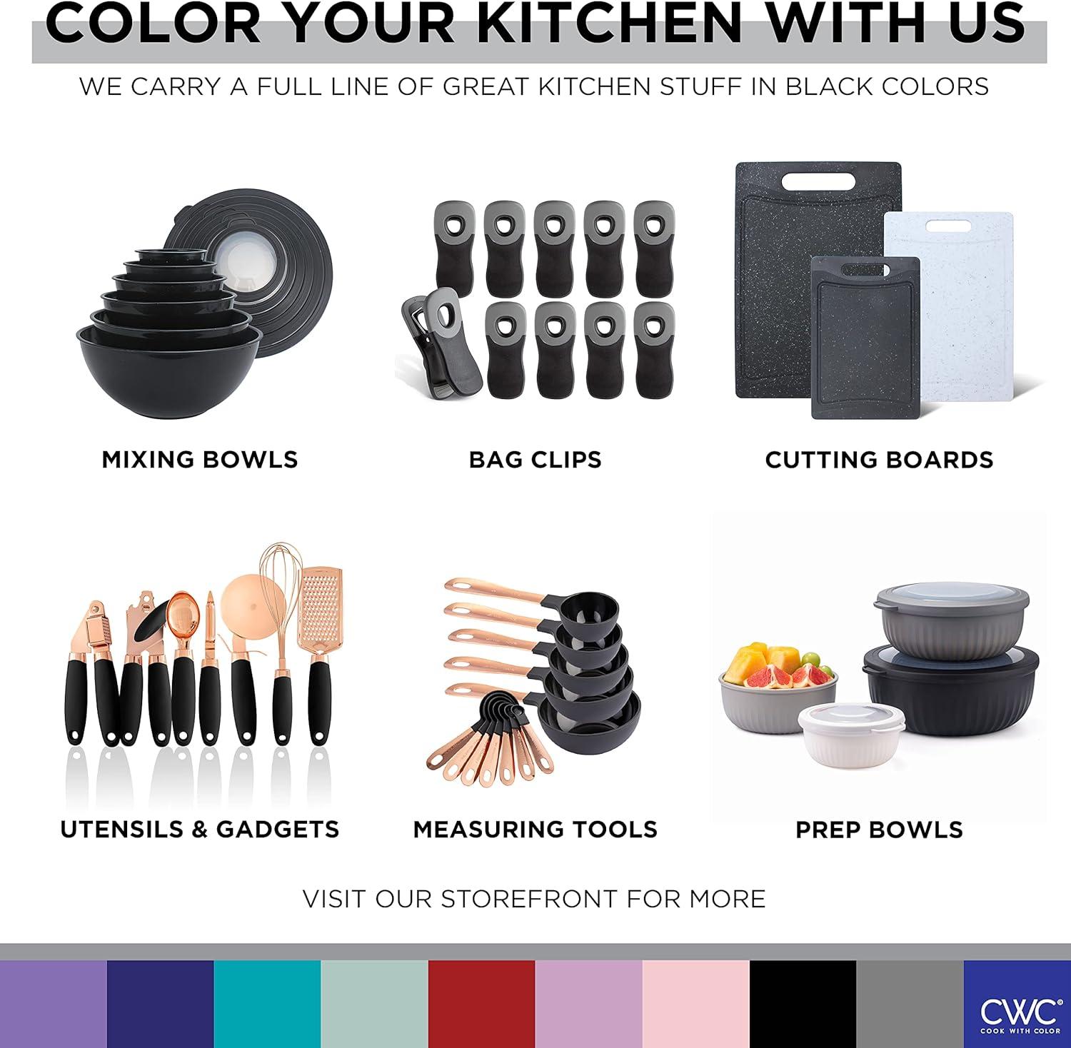 image:imageCOOK WITH COLOR Mixing Bowls with TPR Lids 12 Piece Plastic Nesting Set includes 6 Prep and Lids Microwave Safe Bowl Black OmbreSpeckled Black TPR Lids