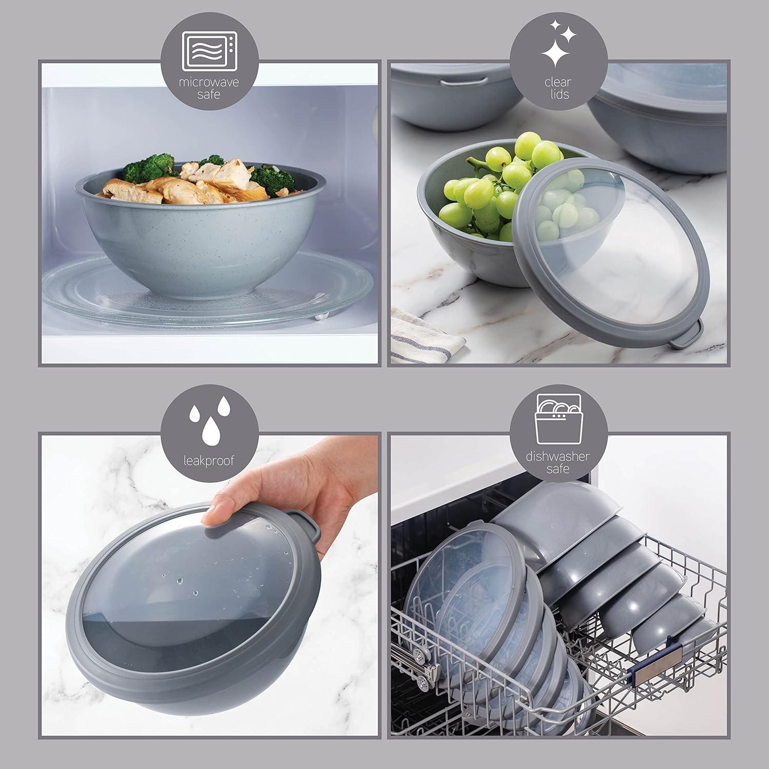 image:imageCOOK WITH COLOR Mixing Bowls with TPR Lids 12 Piece Plastic Nesting Set includes 6 Prep and Lids Microwave Safe Bowl Black OmbreSpeckled Charcoal TPR Lids
