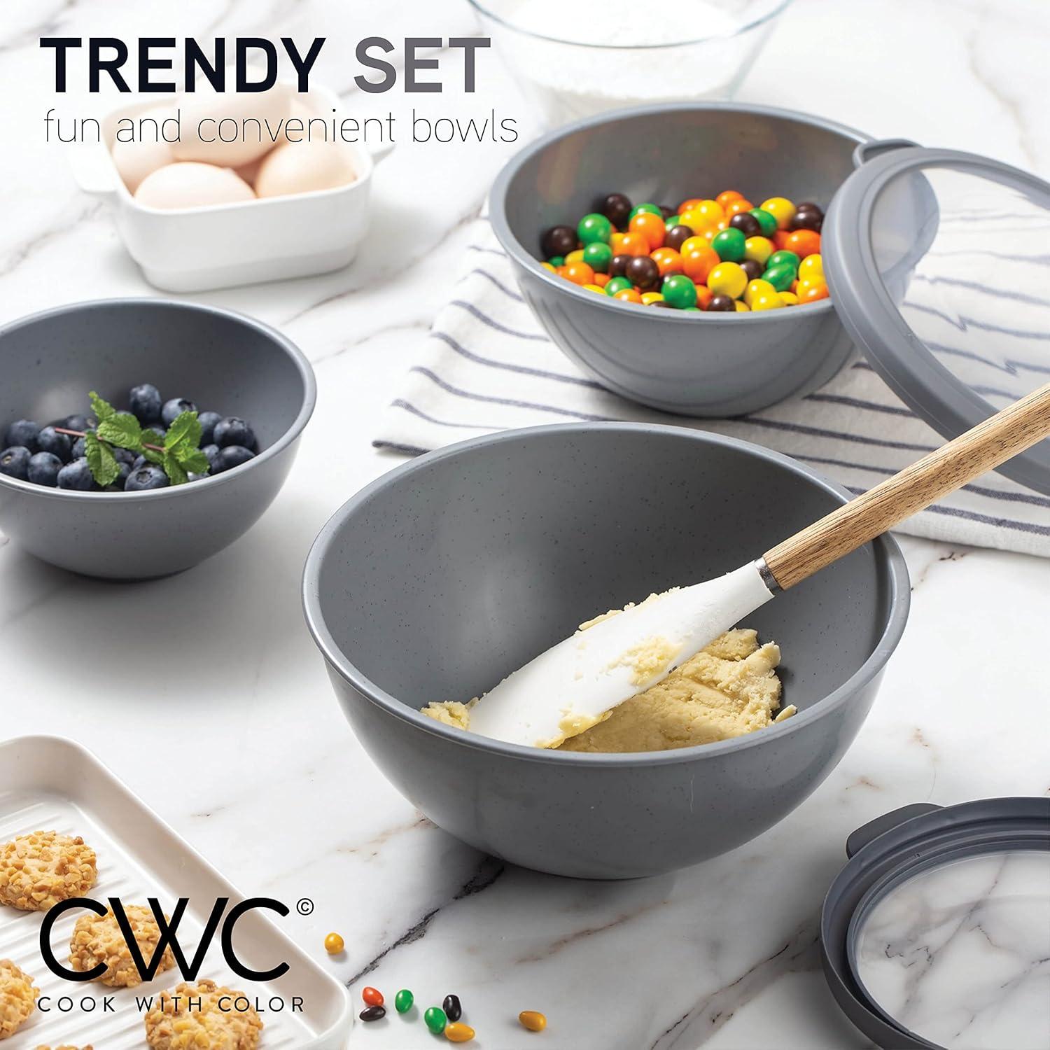 image:imageCOOK WITH COLOR Mixing Bowls with TPR Lids 12 Piece Plastic Nesting Set includes 6 Prep and Lids Microwave Safe Bowl Black OmbreSpeckled Charcoal TPR Lids
