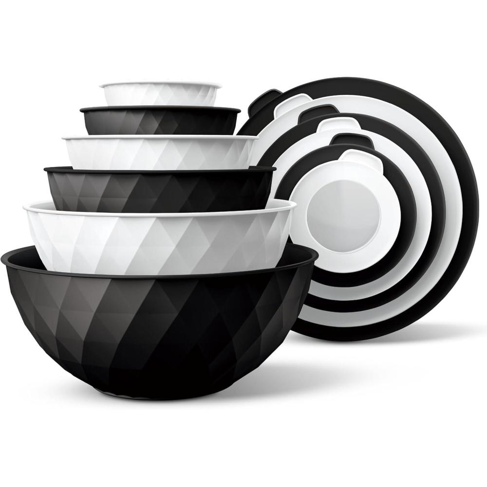 image:imageCOOK WITH COLOR Mixing Bowls with TPR Lids  12 Piece Plastic Nesting Set includes 6 Prep and Lids Microwave Safe Bowl Black OmbreBlack and White Diamond