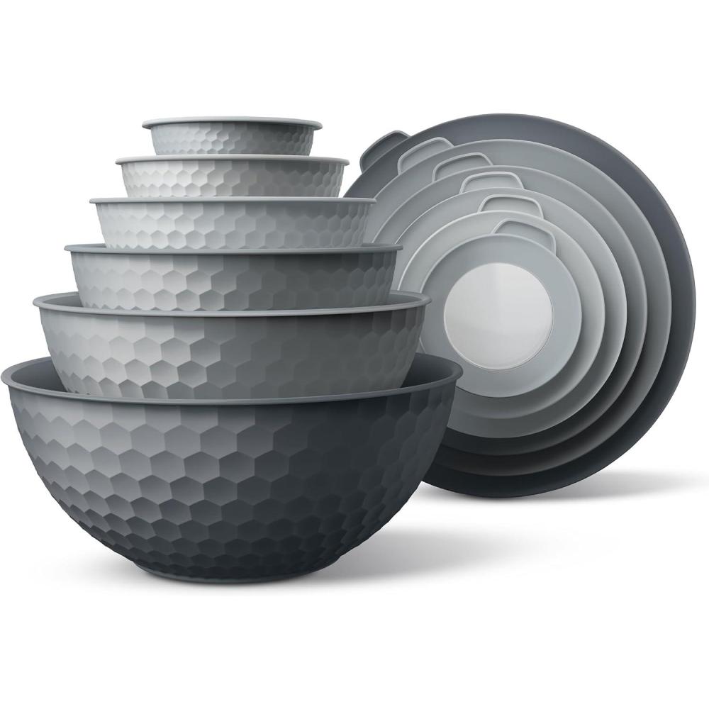 image:imageCOOK WITH COLOR Mixing Bowls with TPR Lids 12 Piece Plastic Nesting Set includes 6 Prep and Lids Microwave Safe Bowl Black OmbreGrey Embossed