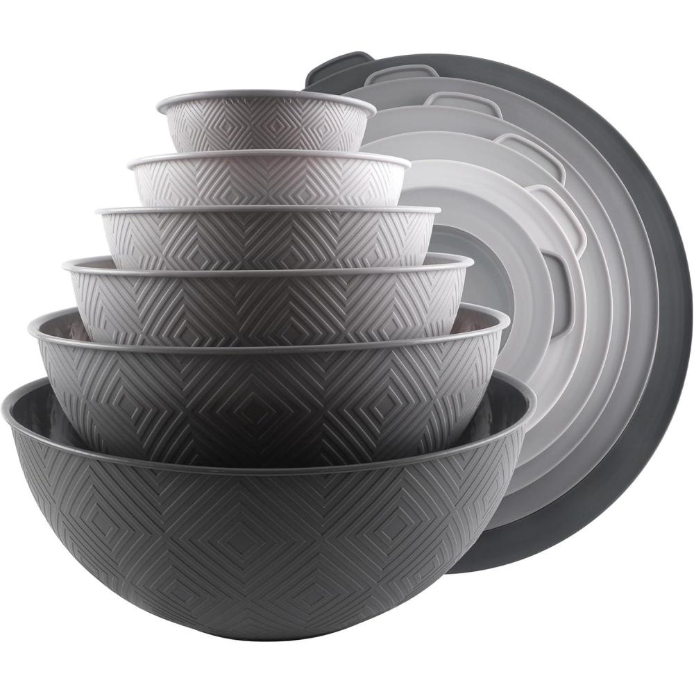 image:imageCOOK WITH COLOR Mixing Bowls with TPR Lids 12 Piece Plastic Nesting Set includes 6 Prep and Lids Microwave Safe Bowl Black OmbreGrey Rhombus