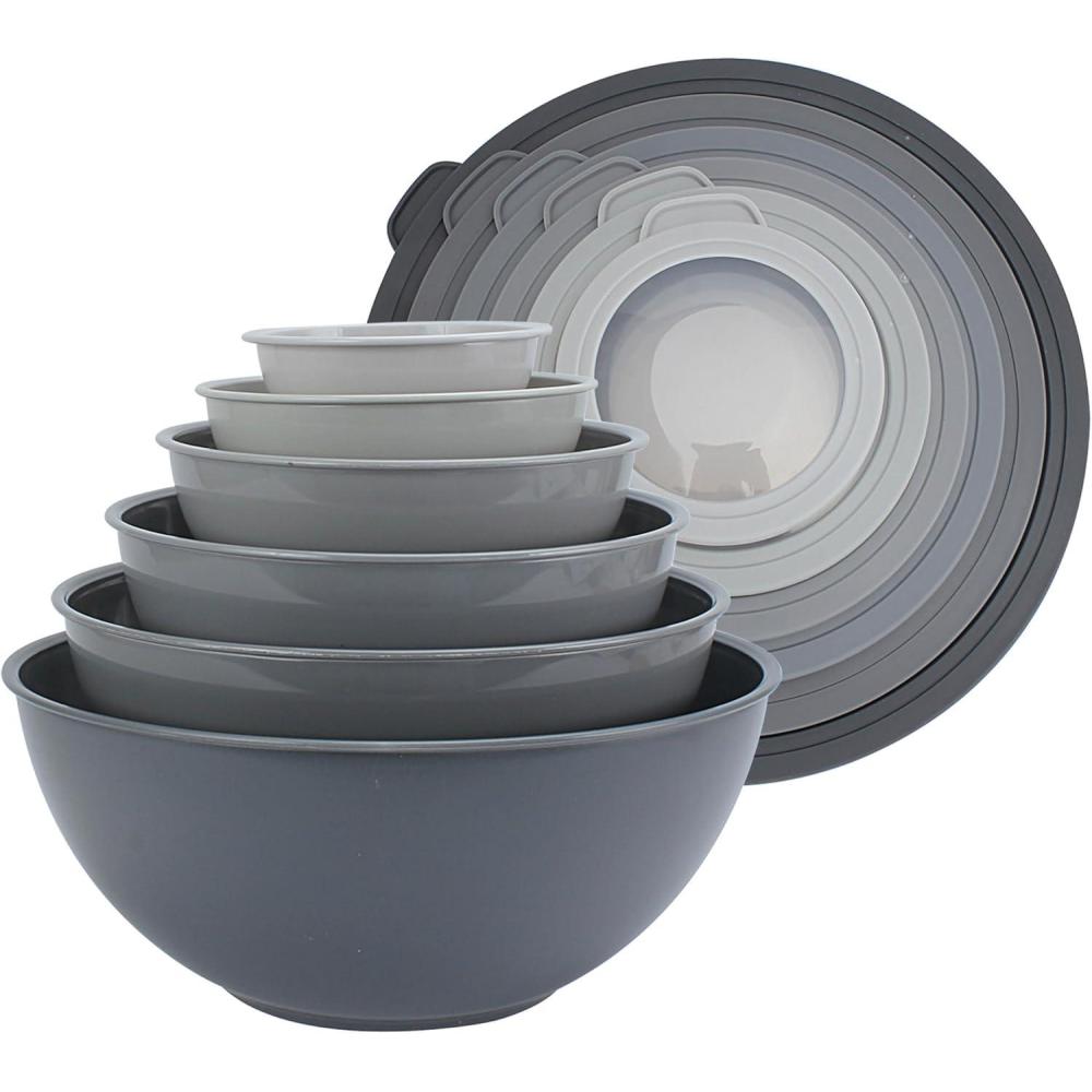 image:imageCOOK WITH COLOR Mixing Bowls with TPR Lids  12 Piece Plastic Nesting Set includes 6 Prep and Lids Microwave Safe Bowl Black OmbreGrey TPR Lids
