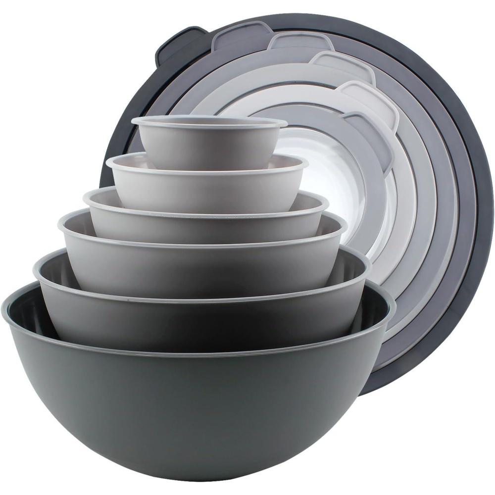 image:imageCOOK WITH COLOR Mixing Bowls with TPR Lids  12 Piece Plastic Nesting Set includes 6 Prep and Lids Microwave Safe Bowl Black OmbreGrey Tritan Lid