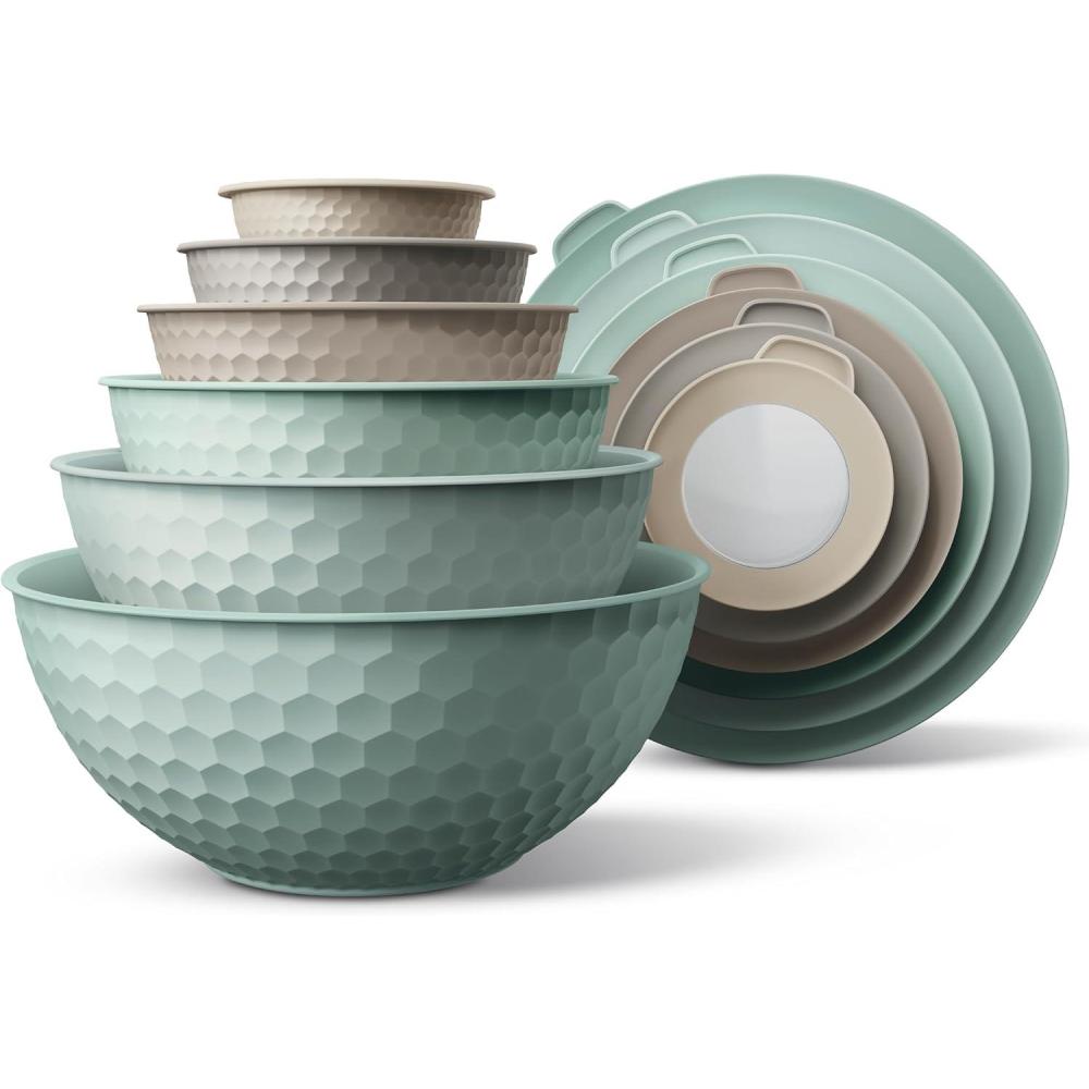 image:imageCOOK WITH COLOR Mixing Bowls with TPR Lids 12 Piece Plastic Nesting Set includes 6 Prep and Lids Microwave Safe Bowl Black OmbreMint Embossed