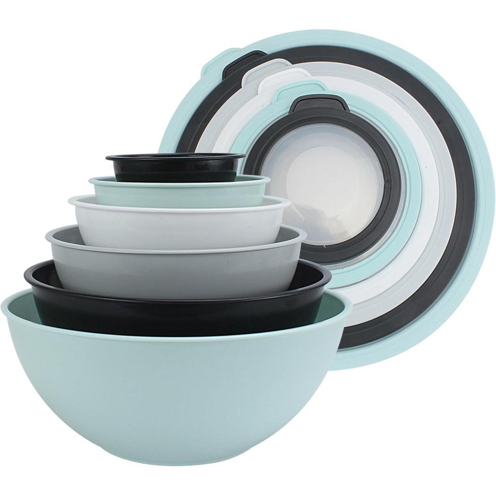 image:imageCOOK WITH COLOR Mixing Bowls with TPR Lids  12 Piece Plastic Nesting Set includes 6 Prep and Lids Microwave Safe Bowl Black OmbreMint TPR Lids