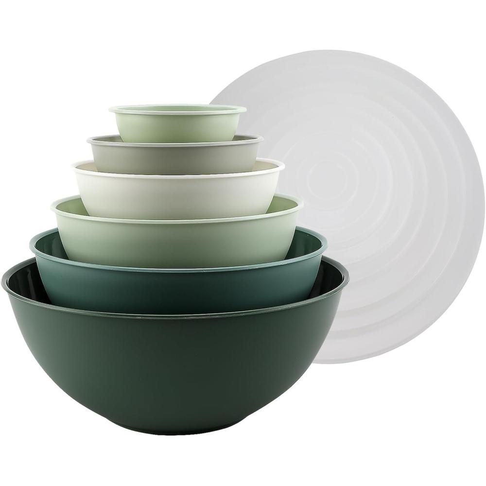 image:imageCOOK WITH COLOR Mixing Bowls with TPR Lids  12 Piece Plastic Nesting Set includes 6 Prep and Lids Microwave Safe Bowl Black OmbreSage
