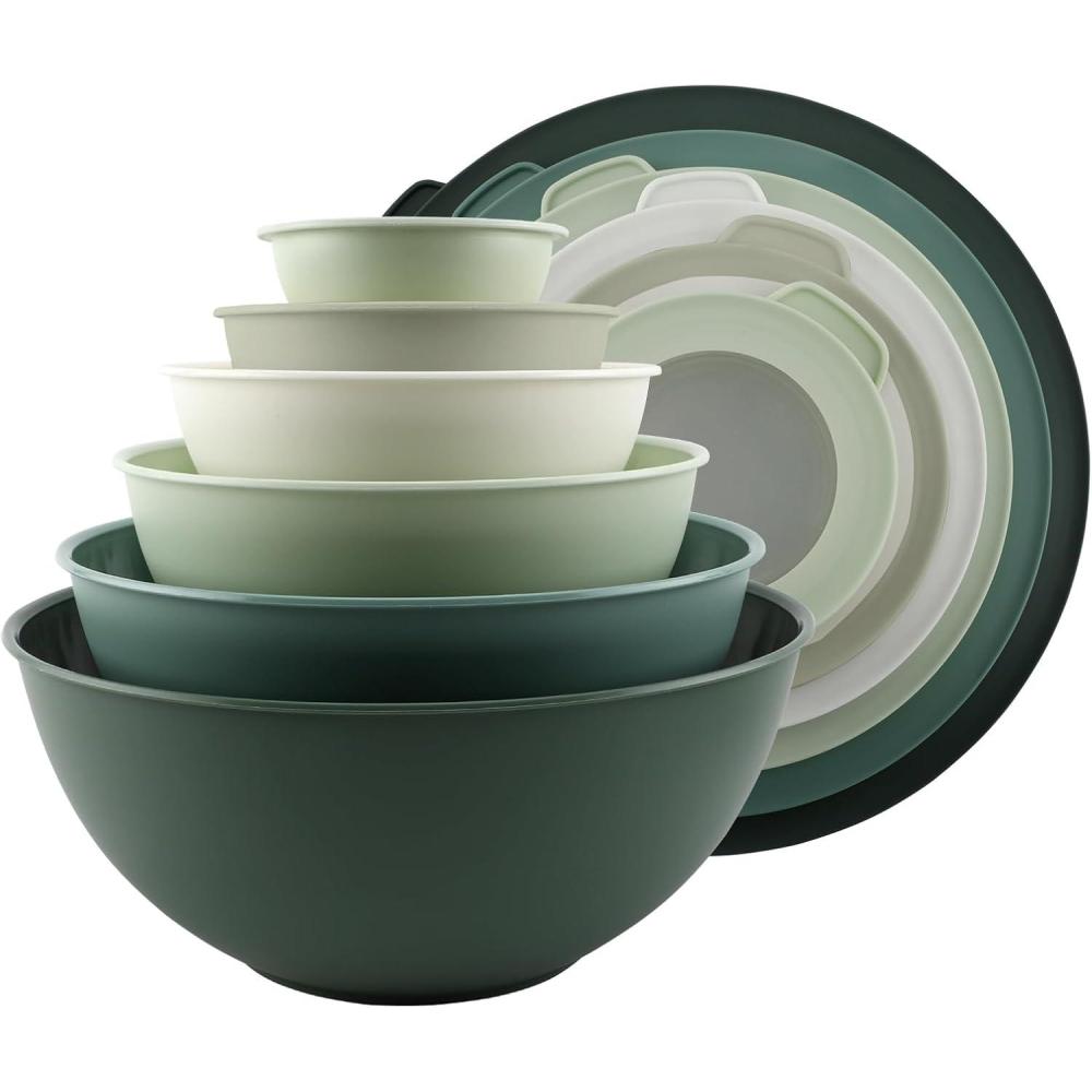 image:imageCOOK WITH COLOR Mixing Bowls with TPR Lids  12 Piece Plastic Nesting Set includes 6 Prep and Lids Microwave Safe Bowl Black OmbreSage TPR Lids