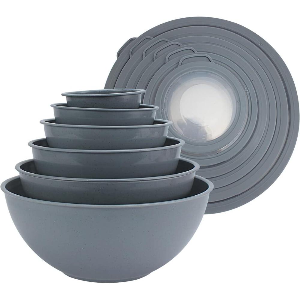 image:imageCOOK WITH COLOR Mixing Bowls with TPR Lids  12 Piece Plastic Nesting Set includes 6 Prep and Lids Microwave Safe Bowl Black OmbreSpeckled Charcoal TPR Lids