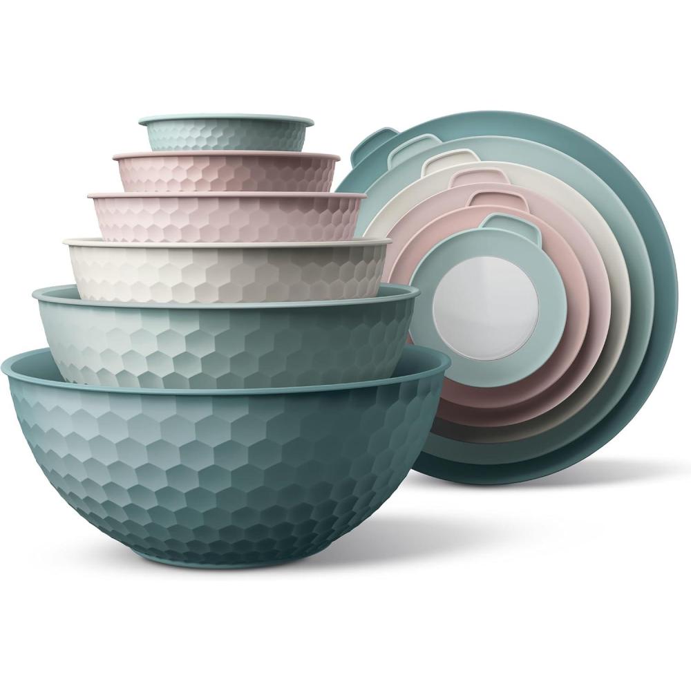 image:imageCOOK WITH COLOR Mixing Bowls with TPR Lids  12 Piece Plastic Nesting Set includes 6 Prep and Lids Microwave Safe Bowl Black OmbreTeal Embossed