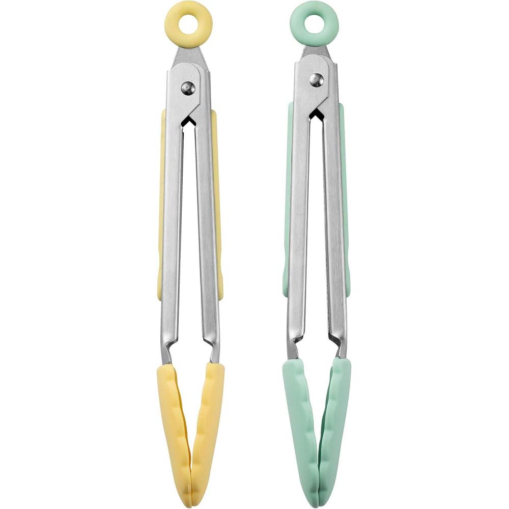 image:imageCOOK WITH COLOR Stainless Steel Silicone Tipped Kitchen amp BBQ Tongs Set 3 Pc Utensils BlueMint and Yellow