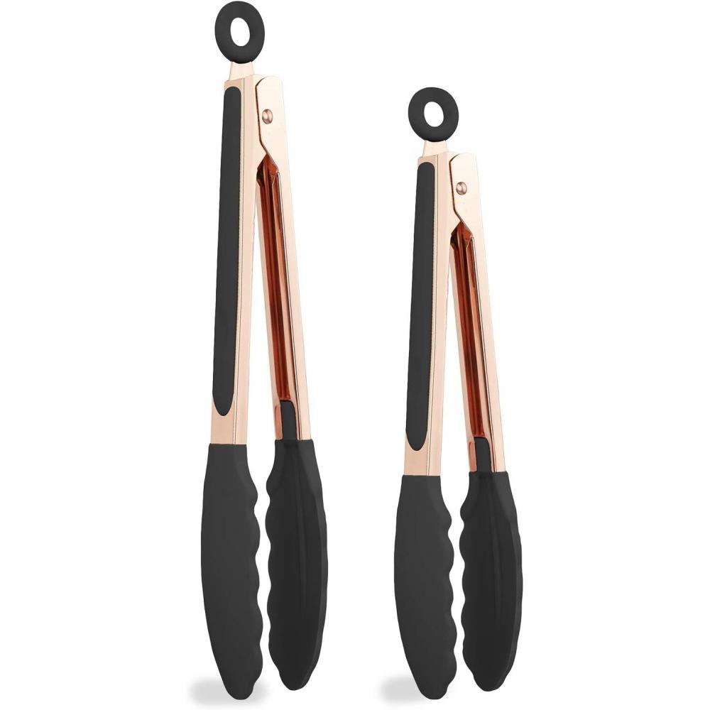 image:imageCOOK WITH COLOR Stainless Steel Silicone Tipped Kitchen amp BBQ Tongs Set 3 Pc Utensils BlueRose Gold and Black