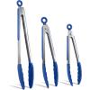 COOK WITH COLOR Stainless Steel Silicone Tipped Kitchen & BBQ Tongs Set, 3 Pc Utensils, Blue(Navy)