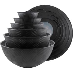 COOK WITH COLOR Mixing Bowls with TPR Lids – 12 Piece Plastic Nesting Set includes 6 Prep and Lids, Microwave Safe Bowl (Black Ombre)(Black Rhombus)