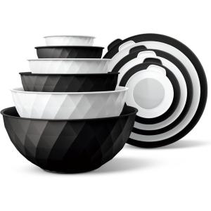 COOK WITH COLOR Mixing Bowls with TPR Lids – 12 Piece Plastic Nesting Set includes 6 Prep and Lids, Microwave Safe Bowl (Black Ombre)(Black and White Diamond)