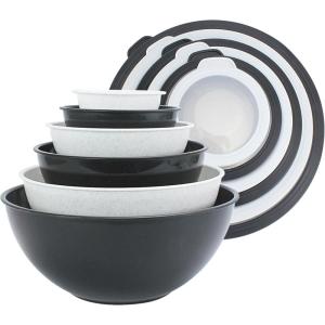 COOK WITH COLOR Mixing Bowls with TPR Lids – 12 Piece Plastic Nesting Set includes 6 Prep and Lids, Microwave Safe Bowl (Black Ombre)(Black and White TPR Lids)