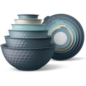 COOK WITH COLOR Mixing Bowls with TPR Lids – 12 Piece Plastic Nesting Set includes 6 Prep and Lids, Microwave Safe Bowl (Black Ombre)(Blue Embossed)