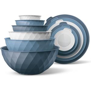 COOK WITH COLOR Mixing Bowls with TPR Lids – 12 Piece Plastic Nesting Set includes 6 Prep and Lids, Microwave Safe Bowl (Black Ombre)(Denim Diamond)