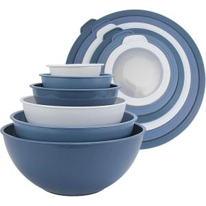 COOK WITH COLOR Mixing Bowls with TPR Lids – 12 Piece Plastic Nesting Set includes 6 Prep and Lids, Microwave Safe Bowl (Black Ombre)(Denim TPR Lids)