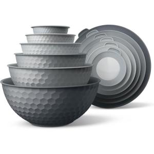 COOK WITH COLOR Mixing Bowls with TPR Lids – 12 Piece Plastic Nesting Set includes 6 Prep and Lids, Microwave Safe Bowl (Black Ombre)(Grey Embossed)