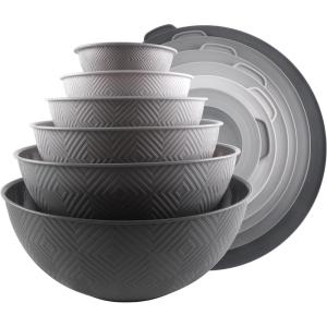 COOK WITH COLOR Mixing Bowls with TPR Lids – 12 Piece Plastic Nesting Set includes 6 Prep and Lids, Microwave Safe Bowl (Black Ombre)(Grey Rhombus)