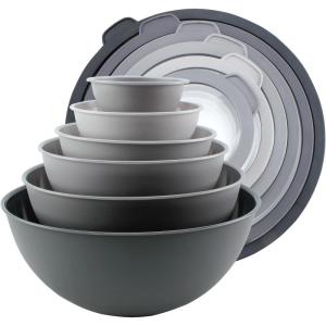 COOK WITH COLOR Mixing Bowls with TPR Lids – 12 Piece Plastic Nesting Set includes 6 Prep and Lids, Microwave Safe Bowl (Black Ombre)(Grey Tritan Lid)