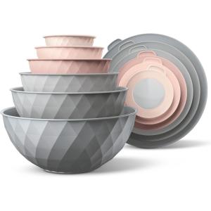 COOK WITH COLOR Mixing Bowls with TPR Lids – 12 Piece Plastic Nesting Set includes 6 Prep and Lids, Microwave Safe Bowl (Black Ombre)(Grey/Pink Diamond)