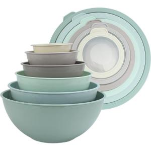 COOK WITH COLOR Mixing Bowls with TPR Lids – 12 Piece Plastic Nesting Set includes 6 Prep and Lids, Microwave Safe Bowl (Black Ombre)(Mint Ombre TPR Lids)
