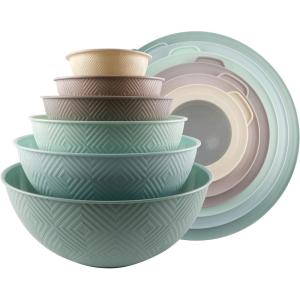 COOK WITH COLOR Mixing Bowls with TPR Lids – 12 Piece Plastic Nesting Set includes 6 Prep and Lids, Microwave Safe Bowl (Black Ombre)(Mint Rhombus)