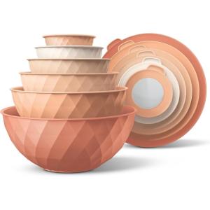 COOK WITH COLOR Mixing Bowls with TPR Lids – 12 Piece Plastic Nesting Set includes 6 Prep and Lids, Microwave Safe Bowl (Black Ombre)(Orange Diamond)