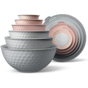 COOK WITH COLOR Mixing Bowls with TPR Lids – 12 Piece Plastic Nesting Set includes 6 Prep and Lids, Microwave Safe Bowl (Black Ombre)(Pink Embossed)