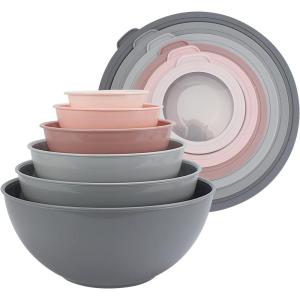 COOK WITH COLOR Mixing Bowls with TPR Lids – 12 Piece Plastic Nesting Set includes 6 Prep and Lids, Microwave Safe Bowl (Black Ombre)(Pink Ombre TPR Lids)