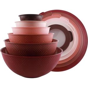 COOK WITH COLOR Mixing Bowls with TPR Lids – 12 Piece Plastic Nesting Set includes 6 Prep and Lids, Microwave Safe Bowl (Black Ombre)(Rose Rhombus)