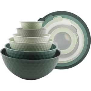 COOK WITH COLOR Mixing Bowls with TPR Lids – 12 Piece Plastic Nesting Set includes 6 Prep and Lids, Microwave Safe Bowl (Black Ombre)(Sage Embossed)