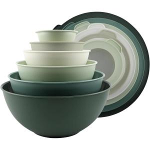 COOK WITH COLOR Mixing Bowls with TPR Lids – 12 Piece Plastic Nesting Set includes 6 Prep and Lids, Microwave Safe Bowl (Black Ombre)(Sage TPR Lids)